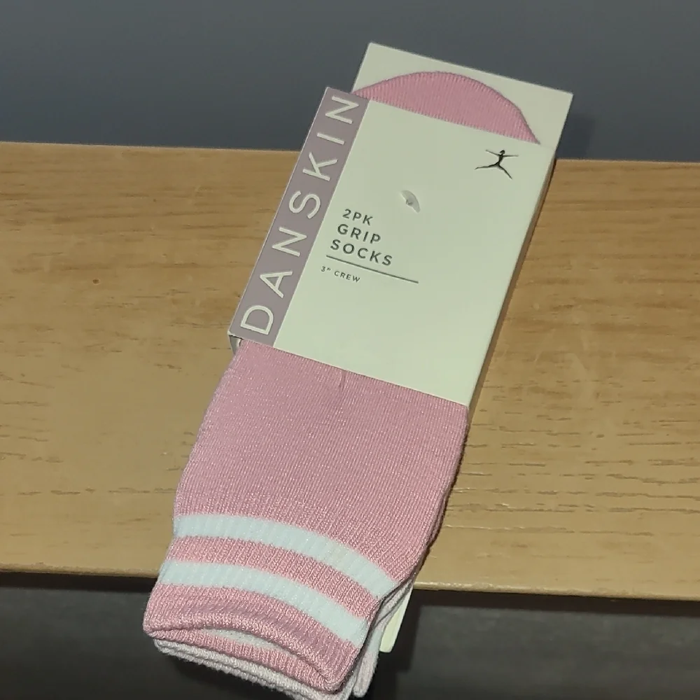 Danskin Pink Crew Grip Socks with White Stripe - 2 Pack